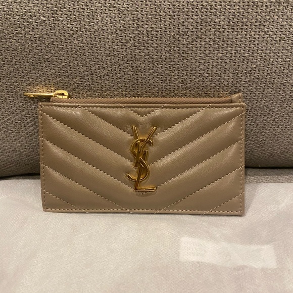 YSL Yves Saint Laurent Cassandre Quilted Card Holder Taupe - Picture 3 of 11